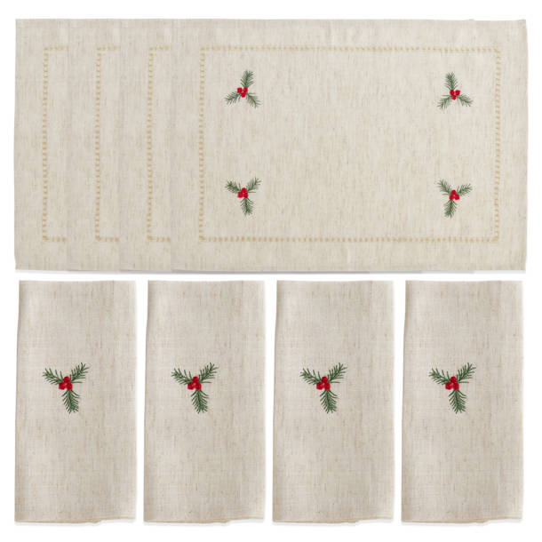 The Holiday Aisle® Embroidered Holly Placemat and Napkin Set (4
